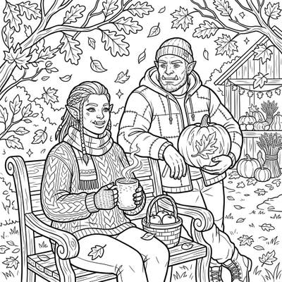 Discover a heartwarming autumn scene featuring two half-orcs enjoying the crisp fall air and harvest bounty. This detailed coloring page offers a fantastic creative outlet for teens who love fantasy and seasonal themes.