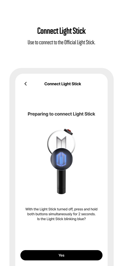 BTS Official Light Stick Ver.4 - Pantalla de instrucciones para conectar el BTS Official Light Stick vía Bluetooth.