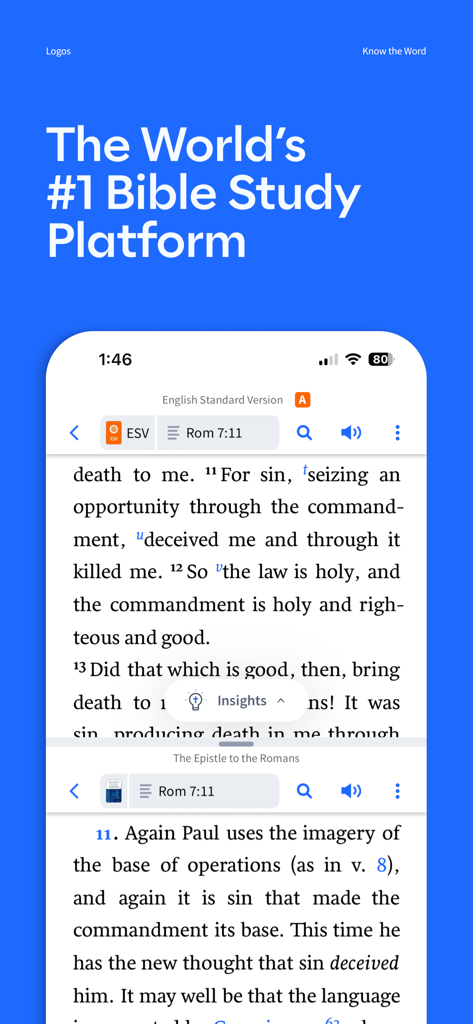 Logos Bible study app interface showing split screen scripture and commentary