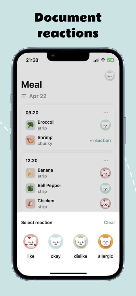 BLW Diary - Écran de l'application BLW Diary pour documenter les réactions alimentaires des bébés avec des journaux de repas et des icônes d'émotion pour aimer, ok, ne pas aimer et allergique.