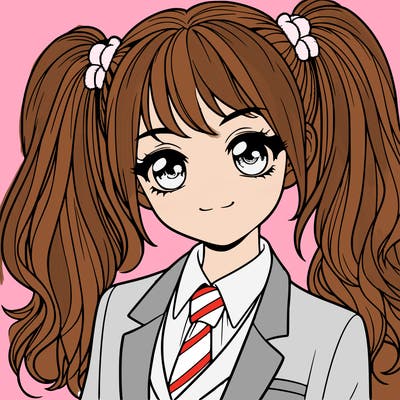 realistic girl with two ponytails and a suit on