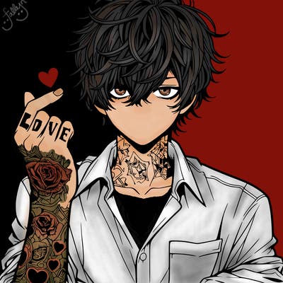 manga guy with messy hair and tattoos showing heart symbol with fingers