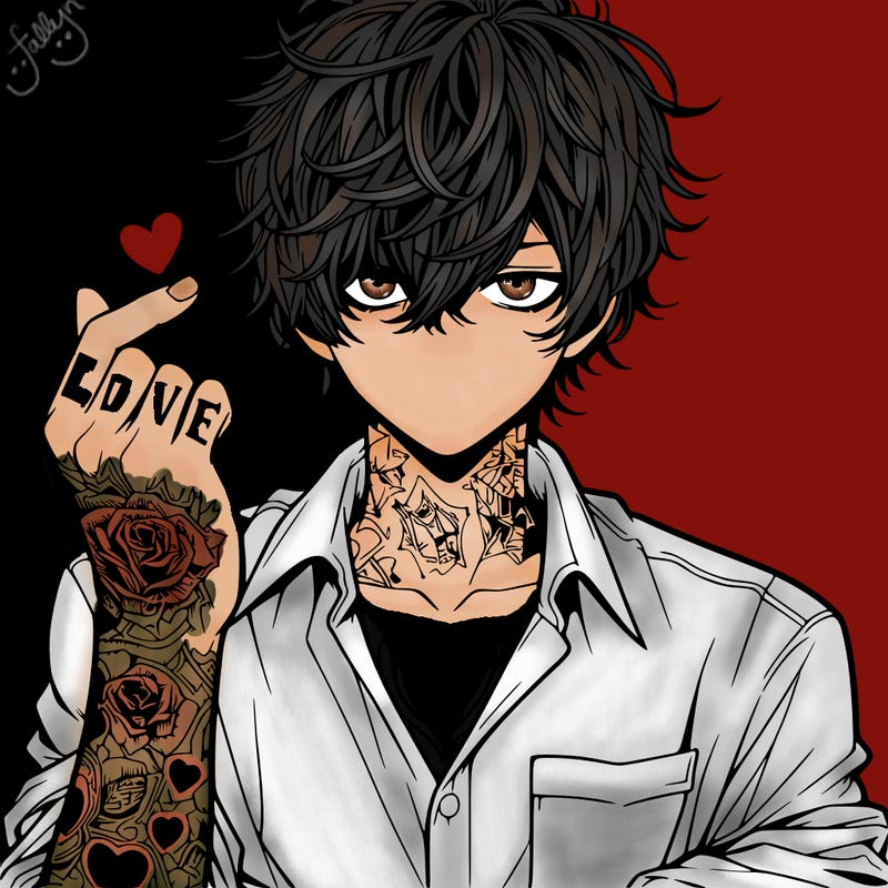 manga guy with messy hair and tattoos showing heart symbol with fingers