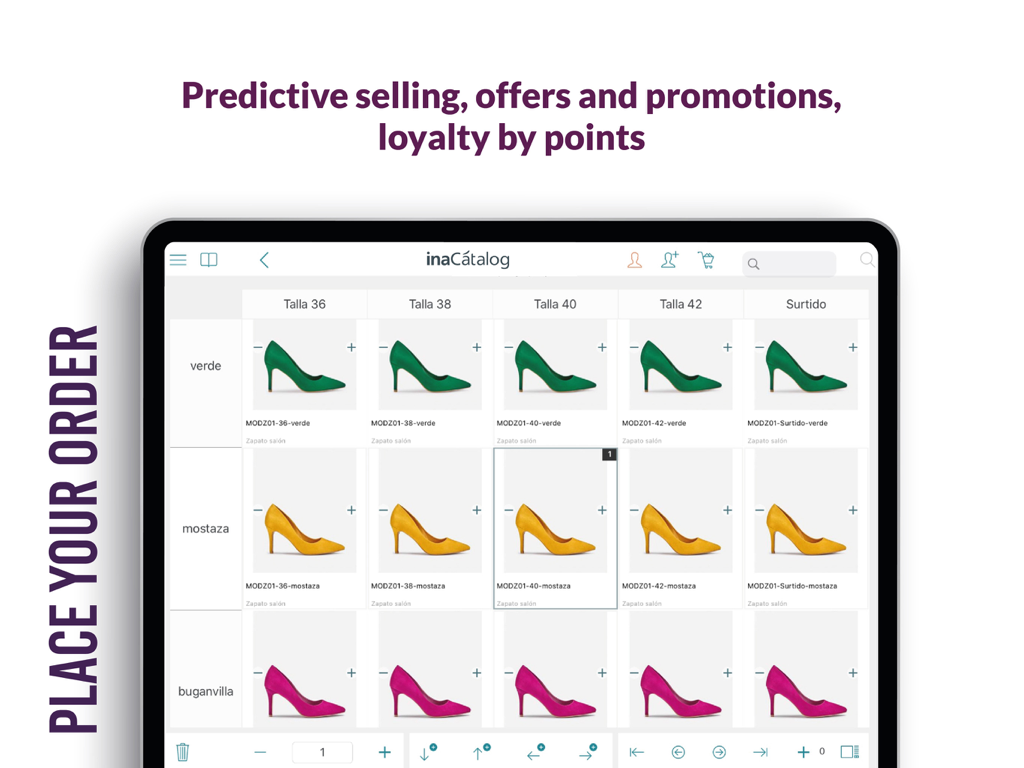 inaCátalog digital catalog interface on iPad showing a product grid for placing B2B wholesale orders