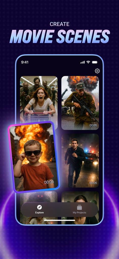 AI Video Generator: Tvorra - The Tvorra app interface displaying several cinematic AI generated movie scenes like explosions and action sequences.