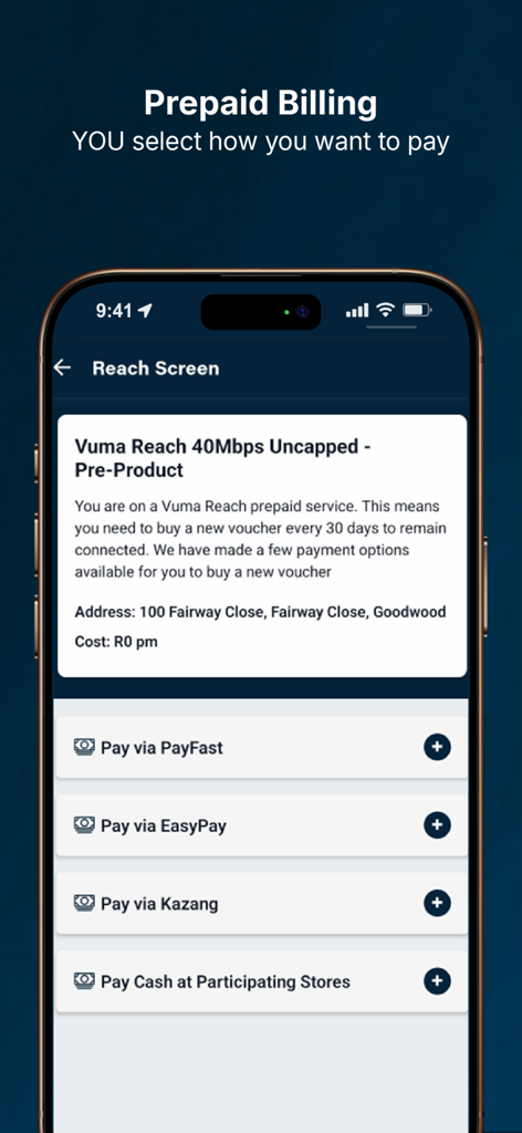 Mweb app interface showing prepaid billing payment methods