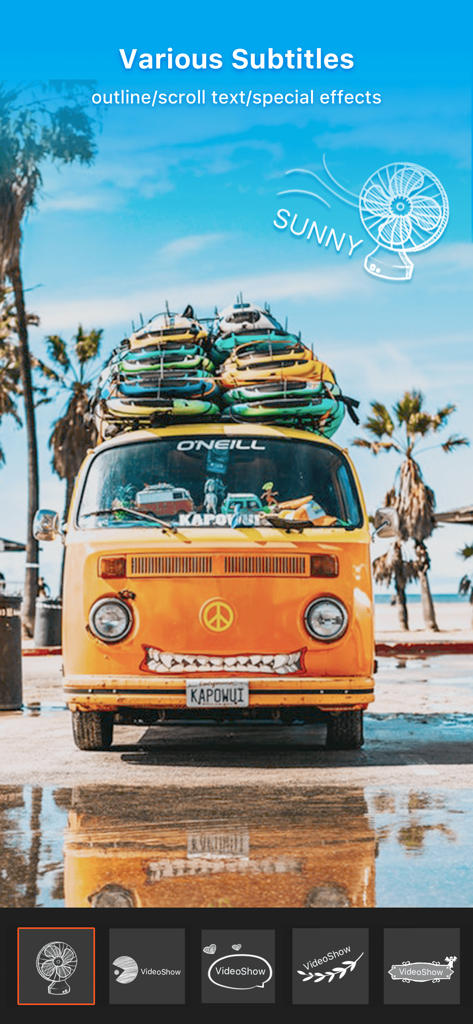 VideoShow PRO - Video Editor - VideoShow PRO app interface displaying various subtitle styles and special effects over a travel video