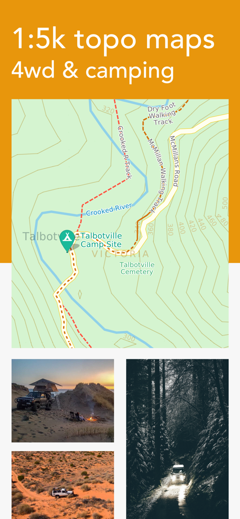Billy Goat Offroad - Billy Goat Offroad app interface showing detailed topographic maps and 4WD expedition photos.
