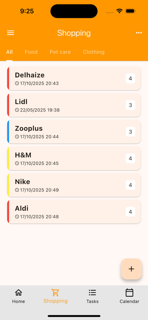 Una interfaz móvil que muestra varias listas de la compra organizadas por nombre de tienda, incluyendo Lidl y Nike