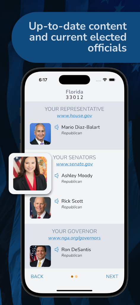 Citizen Now: US Citizenship - Mobile app screen displaying current local elected officials like representatives and senators based on zip code for the US citizenship test