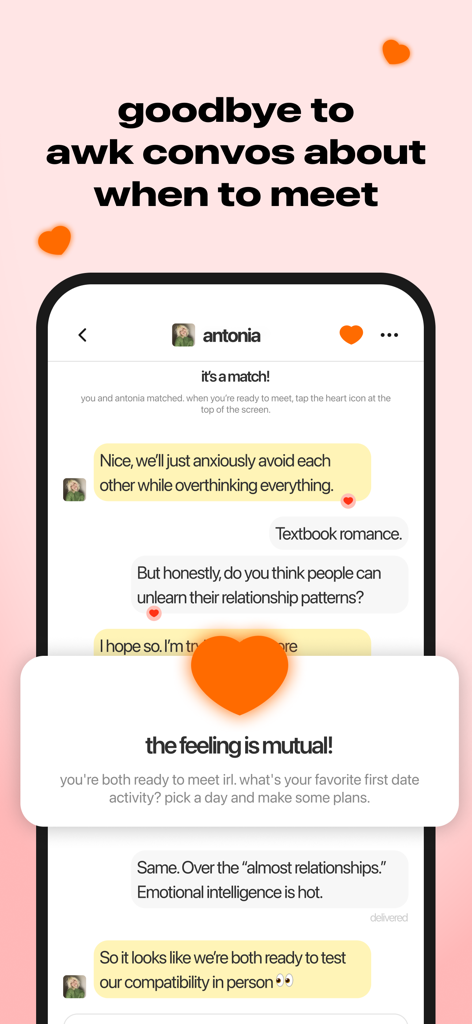 nectar dating by Jubilee - A chat screen in the nectar dating app with an overlay notification stating the feeling is mutual and both users are ready to meet IRL.