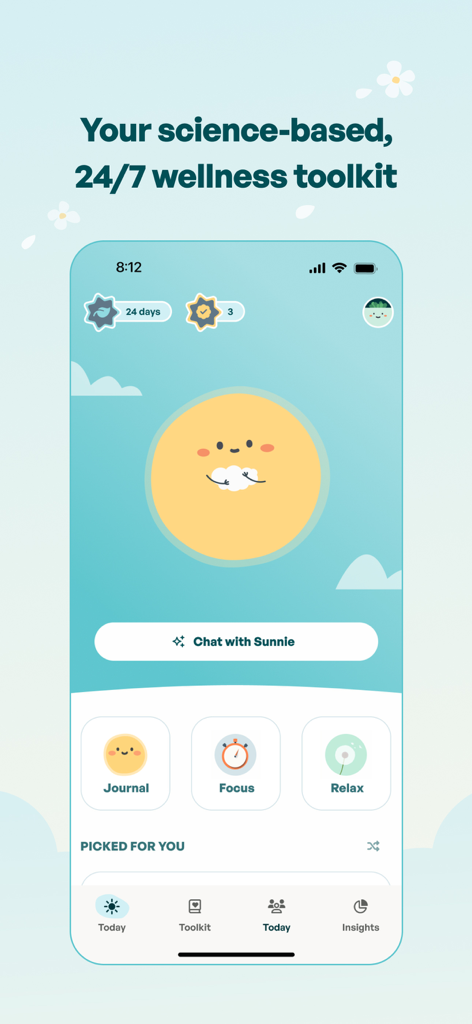 Flourish: 24/7 Wellness Buddy - Flourishアプリのホーム画面。AIウェルネスバディSunnieが登場し、ジャーナリング、集中、リラクゼーションのオプションがあります