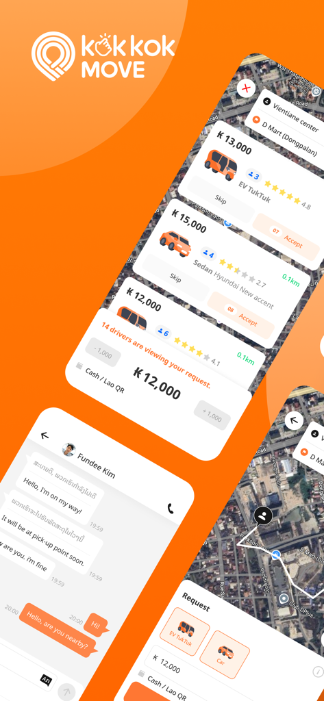 KOKKOK Move mobile app screens showing EV TukTuk booking price negotiation and driver chat in Laos