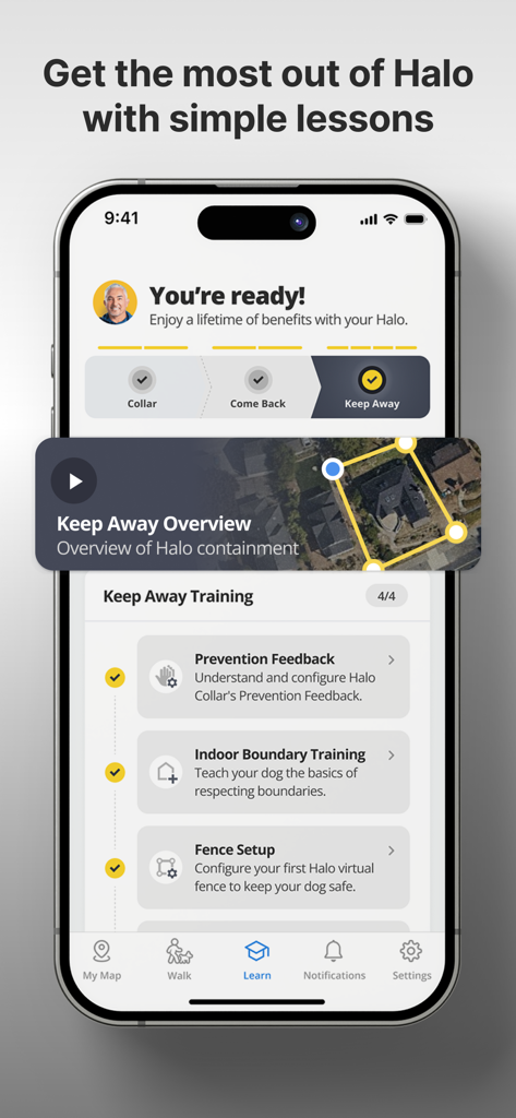 Pantalla de un smartphone que muestra los módulos de entrenamiento de la aplicación Halo Collar para seguridad del perro y vallas virtuales
