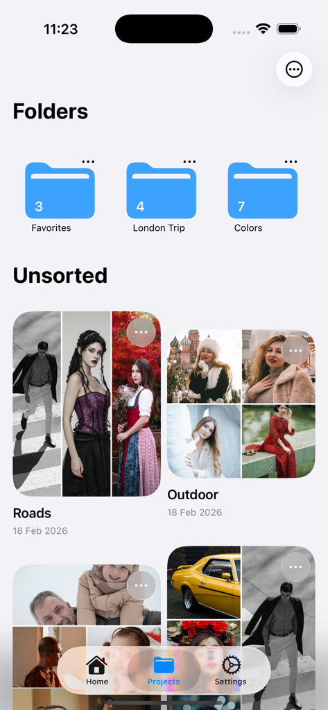 Sehory - Photo Collage Layout - Interfaz de usuario de la aplicación de collage de fotos Sehory que muestra carpetas de proyectos organizadas y diseños creados recientemente.
