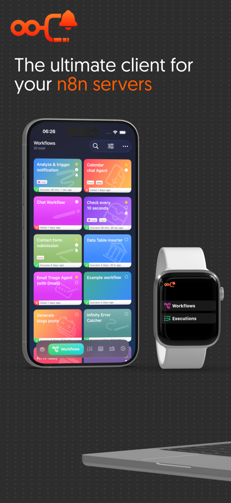 Infinity Workflows - Infinity Workflows app showing automation dashboard on iPhone and Apple Watch