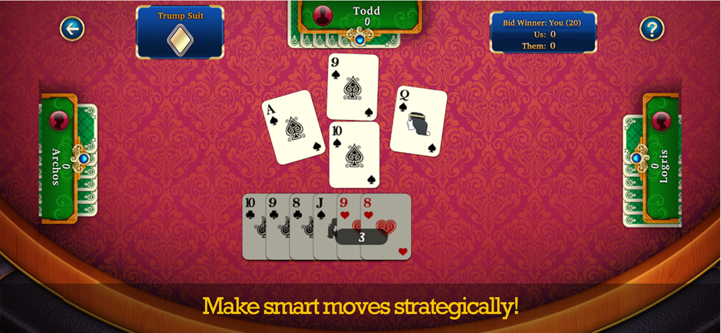 29 Card Game: Offline Fun Game - Mobile interface of 29 Card Game showing players and cards on a red patterned table