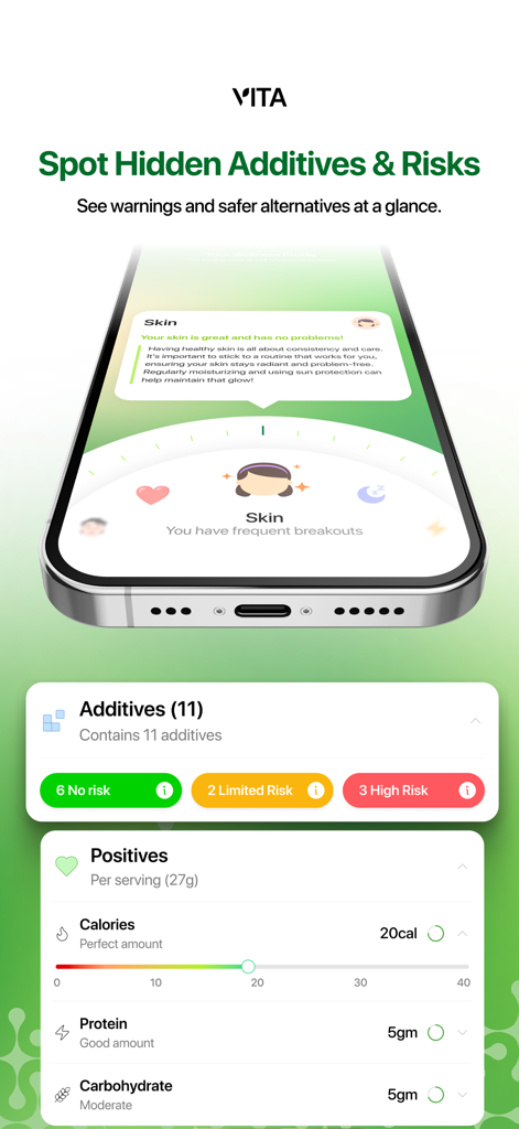 Vita Health - Product Scanner - Vita Health app interface showing health risks for food additives and nutritional analysis on an iPhone