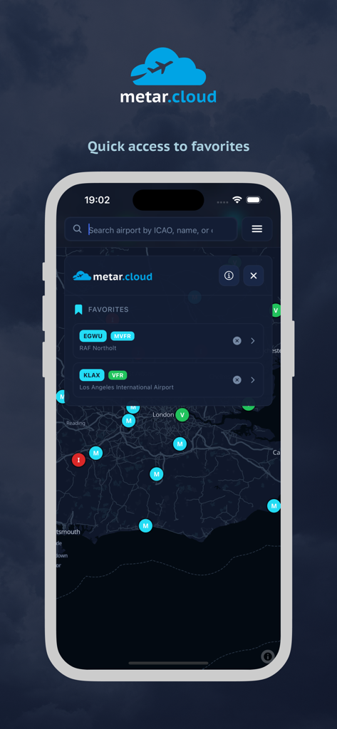 METAR Cloud - Interfaz de la aplicación METAR Cloud que muestra la lista de aeropuertos favoritos y los pines del mapa meteorológico