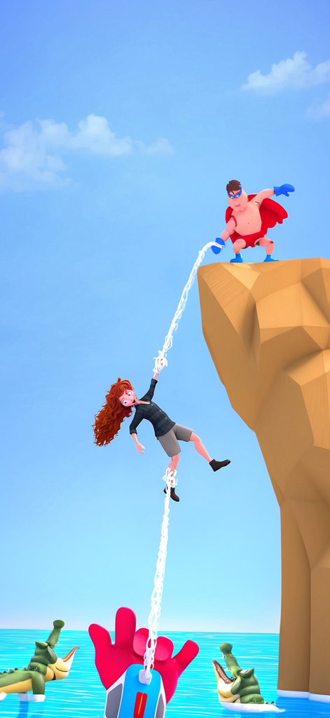 Un muñeco de superhéroe en un acantilado sosteniendo una cuerda con un personaje cayendo sobre un mar lleno de cocodrilos en Hero Capture