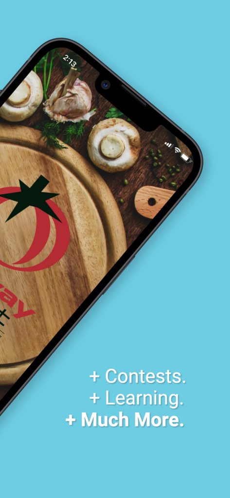 Tela do aplicativo Fairway Market destacando concursos e recursos de aprendizado com um fundo de comida fresca