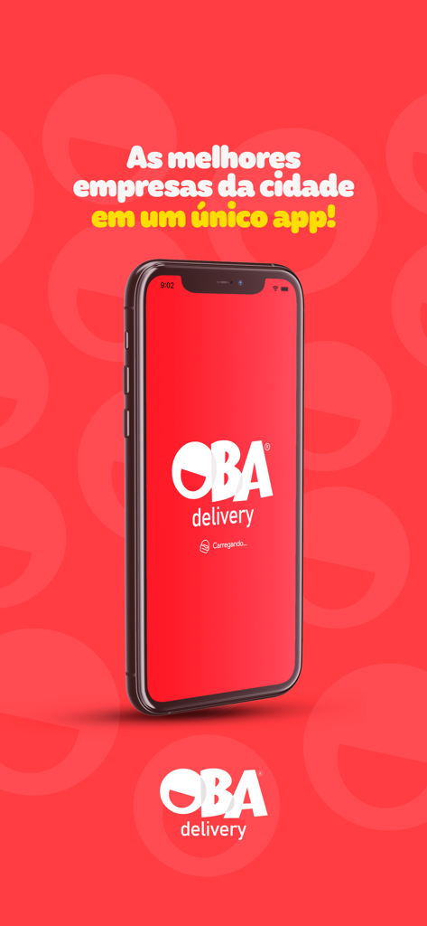 Oba Delivery - A smartphone displaying the Oba Delivery app splash screen with its logo and a Portuguese slogan on a red background