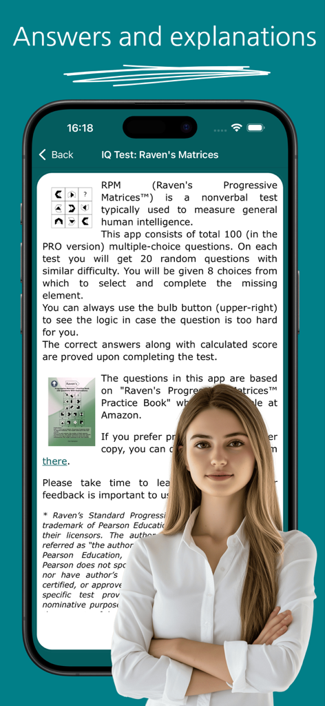 IQ Test: Raven's Matrices Pro - A smartphone screen displaying answers and explanations for the Raven's Matrices IQ test with a professional woman in the foreground.