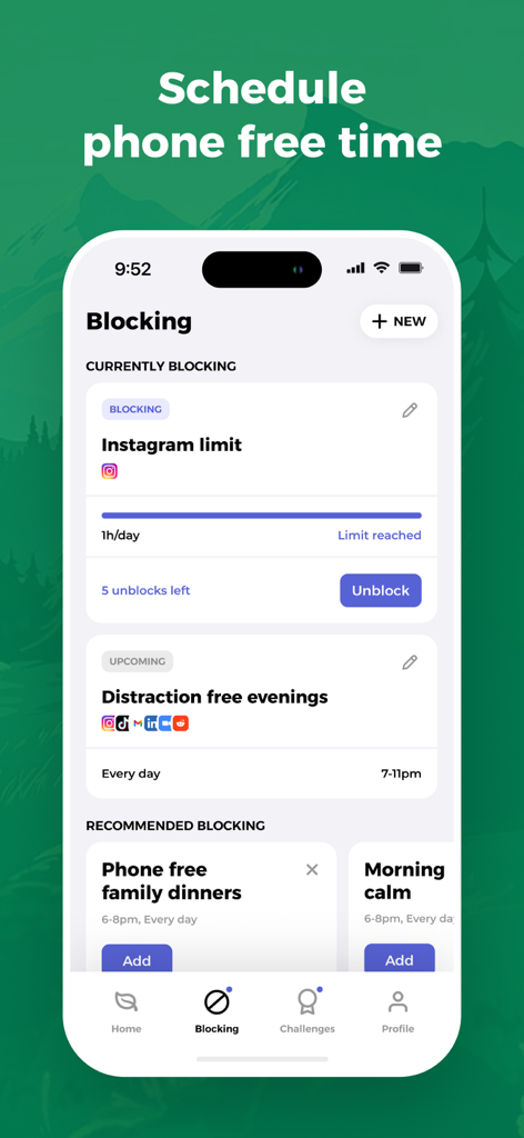 Roots: Screen Time Control - Roots app interface showing scheduled app limits and distraction free evening settings