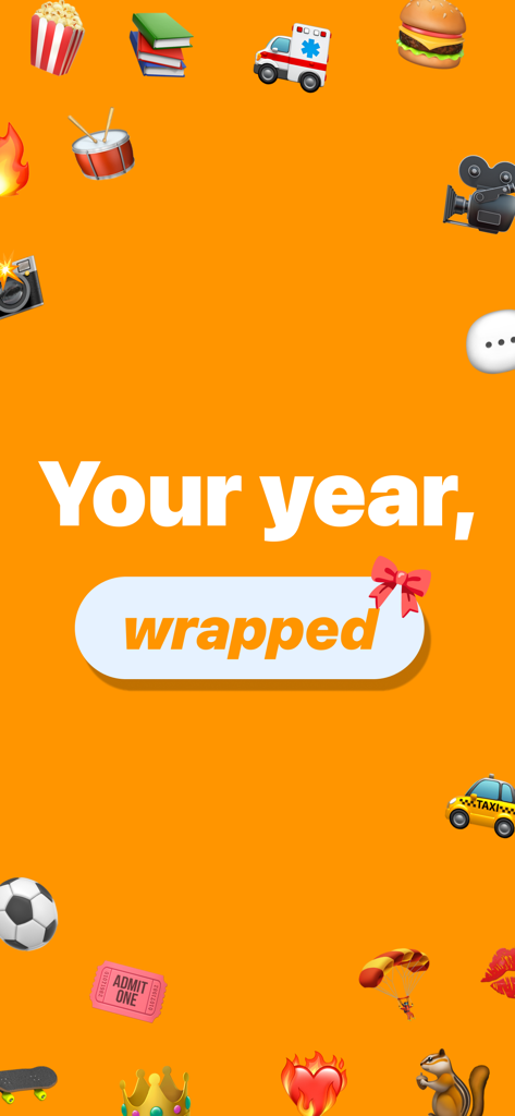 Introductory screen for 2025 Wrapped app with Your year wrapped text and colorful emojis on a bright orange background