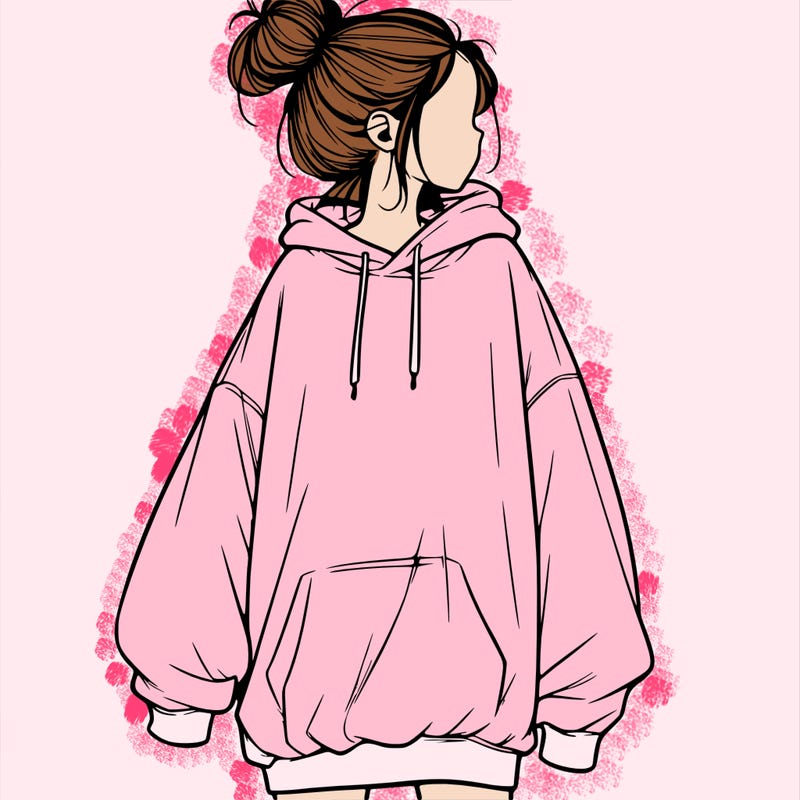realistic girl with a oversized sweatshirt on and a bun