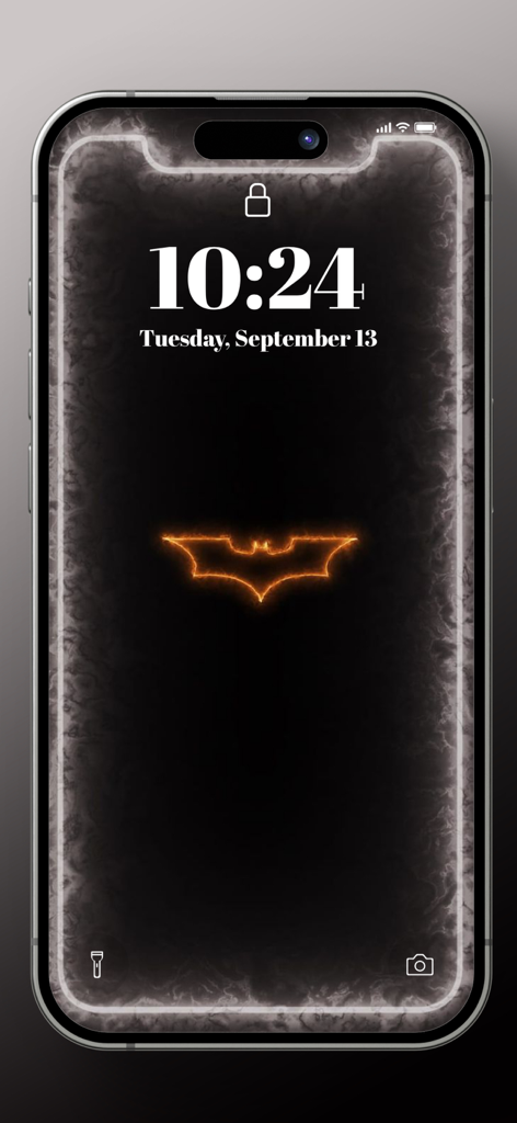Edge Lighting : LumiBorder - Sperrbildschirm des iPhones mit einem leuchtenden orangefarbenen Batman-Logo und einem weißen rauchigen Kantenbeleuchtungsrand.