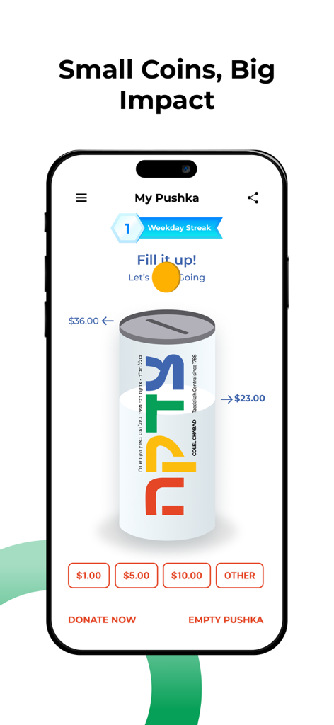 Tzedakah Pushka - Charity Box - Interface de um aplicativo móvel apresentando uma caixa de caridade Tzedakah pushka digital com botões de predefinição de doação