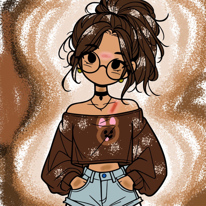 girl with a messy ponytail glasses a baggy crop top and jean shorts
