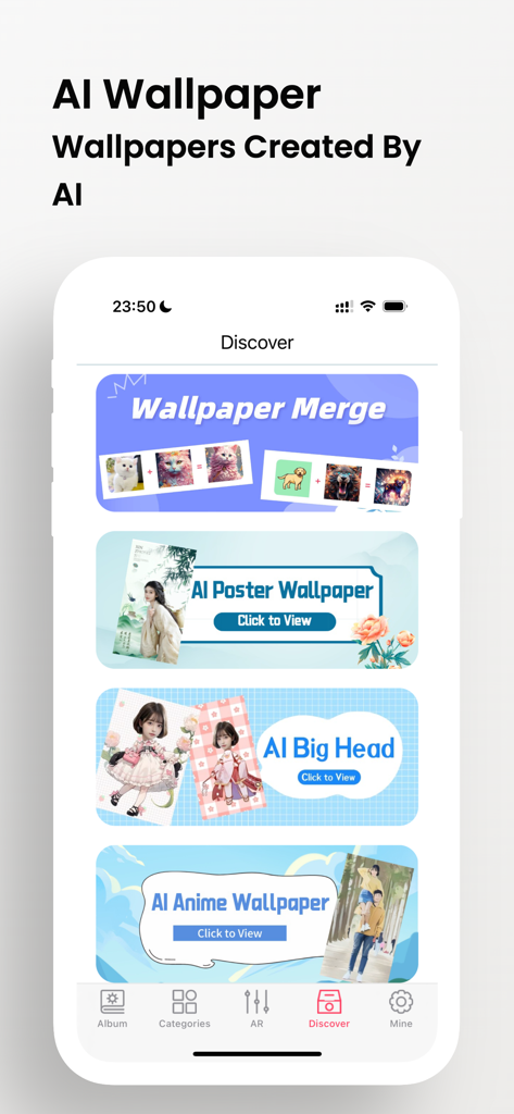Wallpapers HD : Albums - Smartphone screen displaying AI wallpaper generation features including merge poster and anime styles