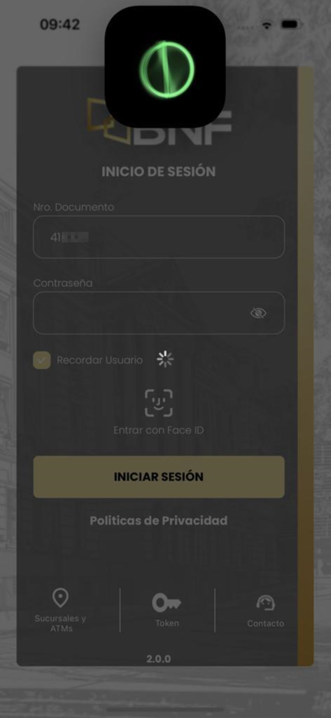 BNF Móvil - BNF Movil mobile banking login screen with Face ID and manual entry fields