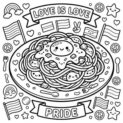 Dive into a delightful celebration of love and creativity with this adorable Kawaii Carbonara coloring page. It beautifully blends a cute pasta dish with joyful Pride Month symbols, offering a unique and heartwarming artistic experience.