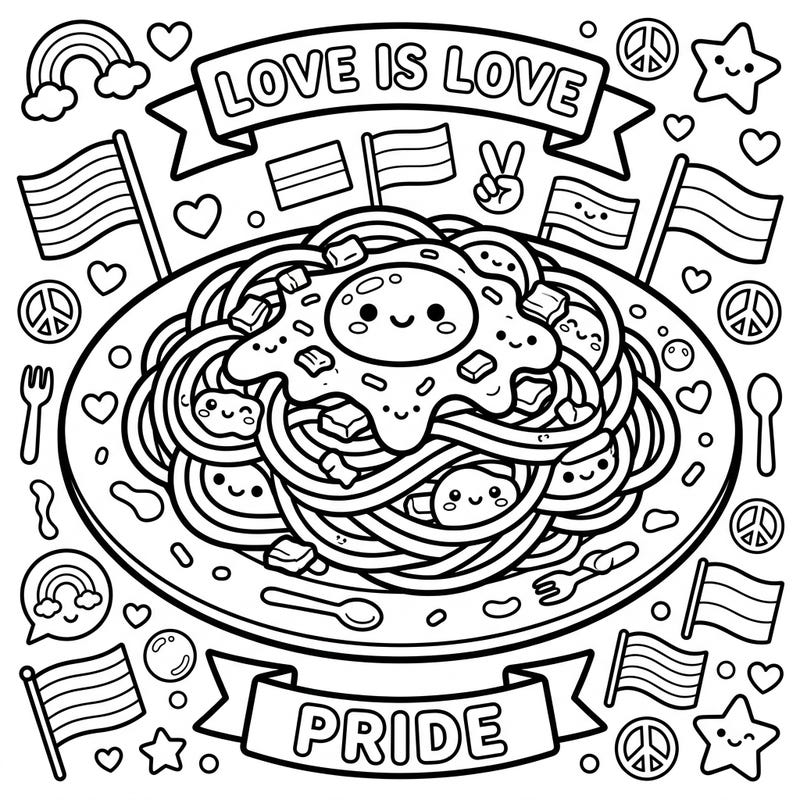 Dive into a delightful celebration of love and creativity with this adorable Kawaii Carbonara coloring page. It beautifully blends a cute pasta dish with joyful Pride Month symbols, offering a unique and heartwarming artistic experience.
