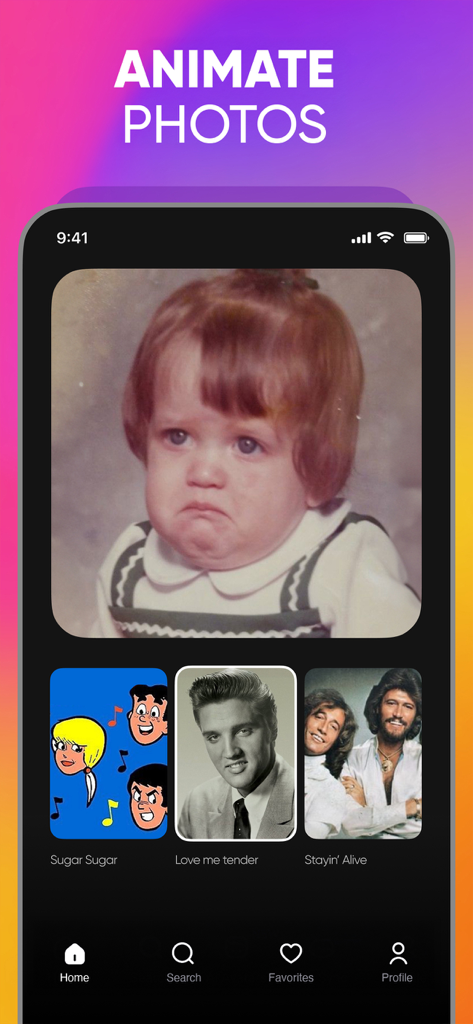 Interface of Revive app showing a photo of a child with options to animate it using songs like Love Me Tender and Stayin Alive