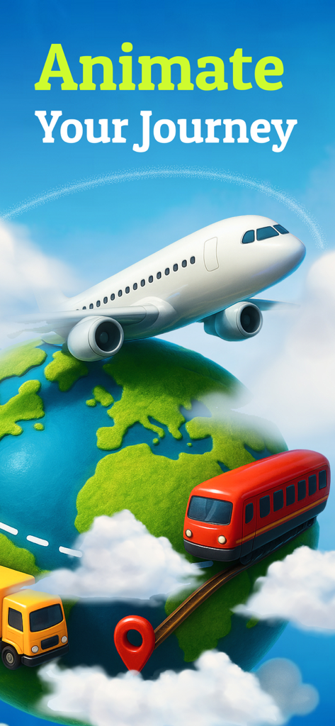Animate Your Journey intro screen with a 3D globe and transportation icons