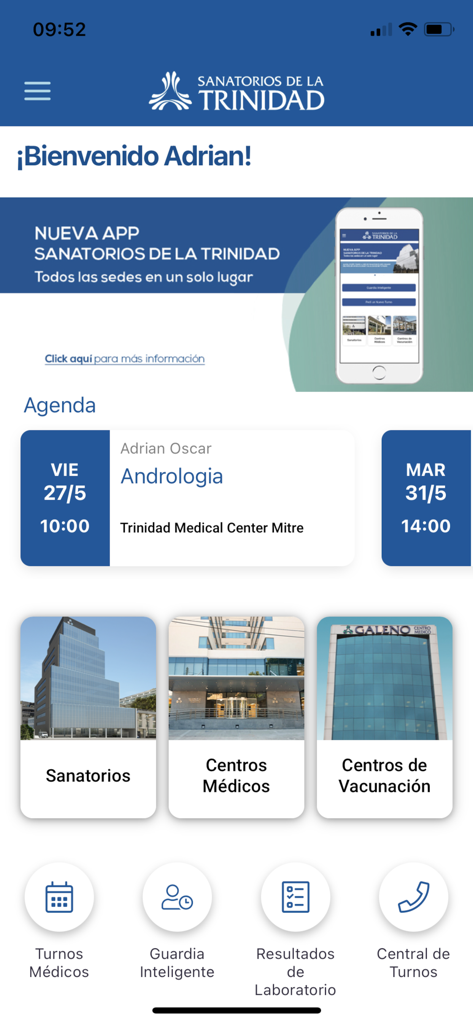 Sanatorios de la Trinidad - Pantalla principal de la app médica Sanatorios de la Trinidad que muestra próximos turnos y servicios de atención médica.