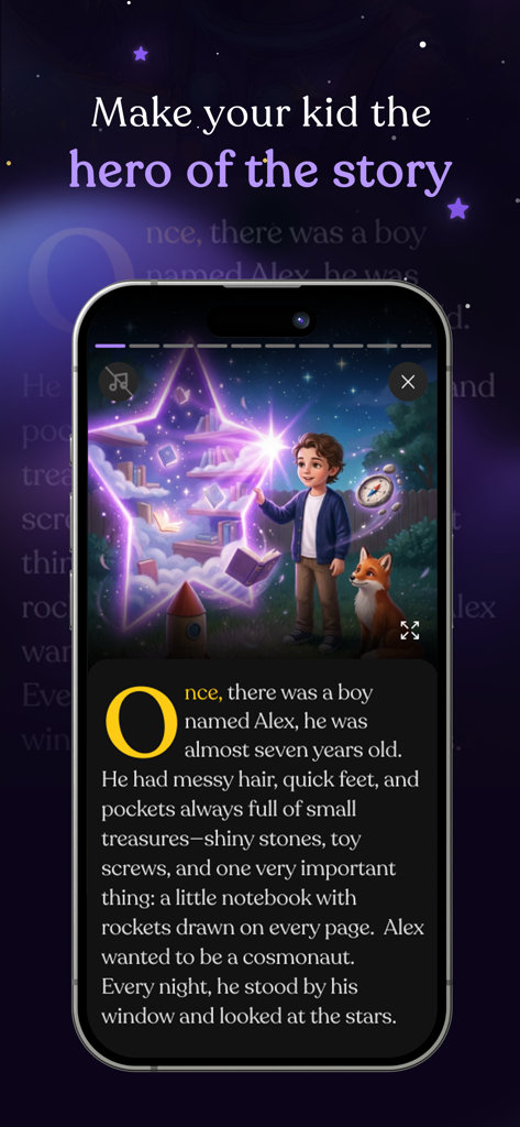 Patmi: AI Storyteller for Kids - A phone screen showing a personalized story in the Patmi app where a child named Alex is the main character and hero.
