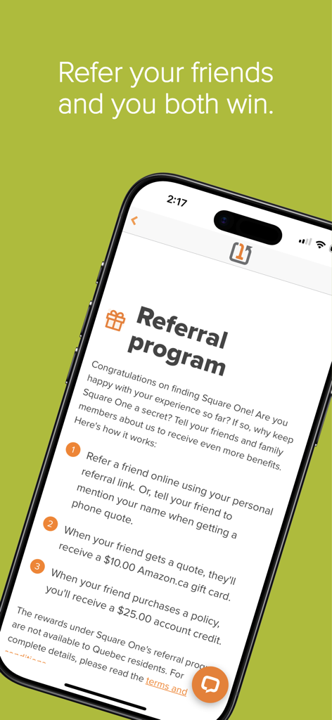 Square One - Square One insurance app referral program screen explaining rewards for referring friends such as Amazon gift cards and account credits