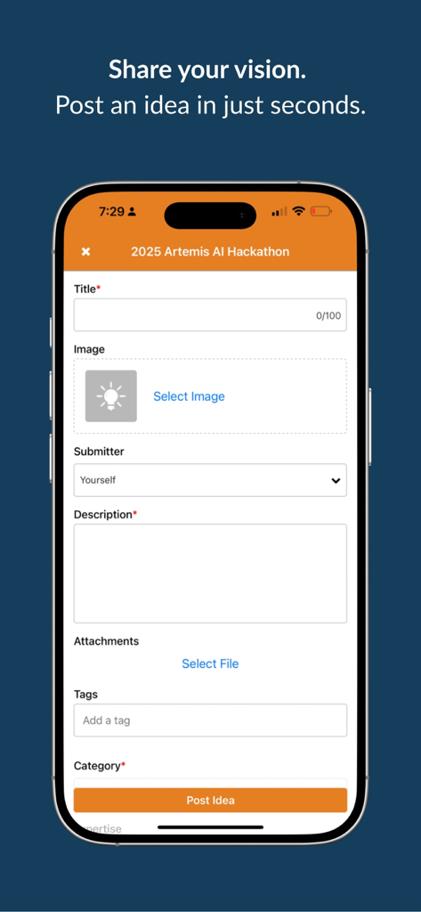 Uma tela de celular mostrando um formulário para enviar uma ideia para o Hackathon de IA Artemis de 2025 no aplicativo Ideas by Brightidea.