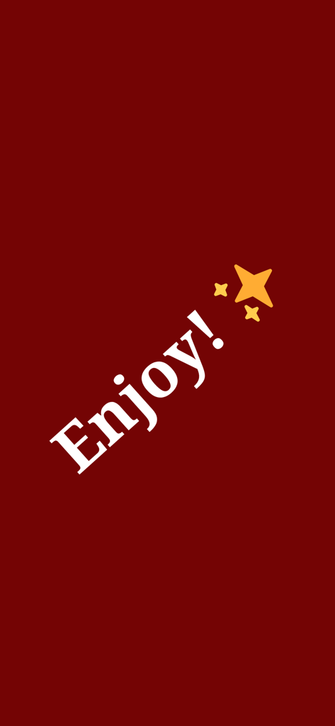 Pantalla promocional de la aplicación de teclado GeezType con la palabra 'Disfruta' y estrellas decorativas sobre un fondo rojo