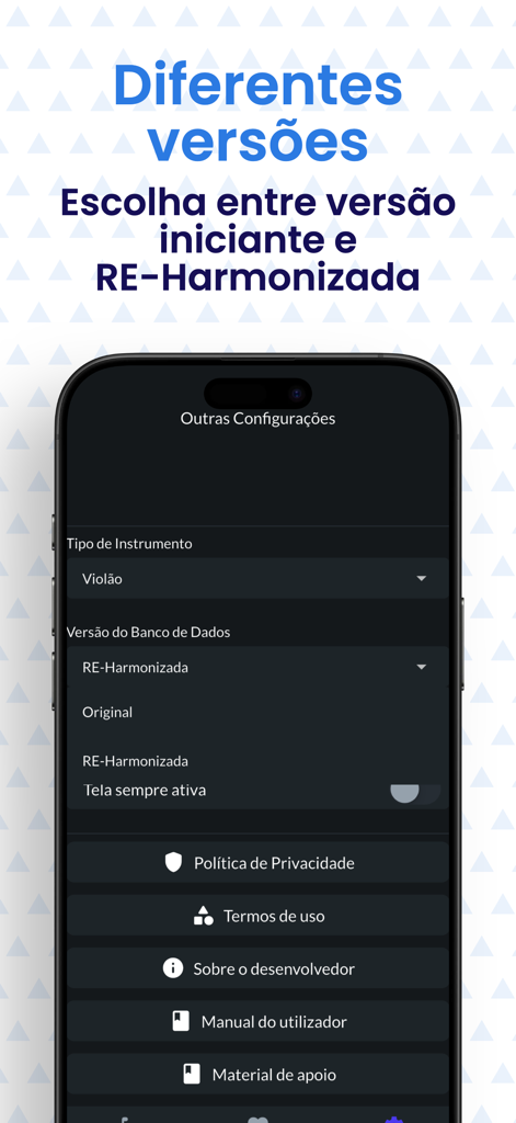 Harpa Cristã Cifrada (PRO) - Tela de configurações do aplicativo Harpa Cristã Cifrada PRO mostrando opções para escolher entre versões originais e rearmonizadas de acordes para violão