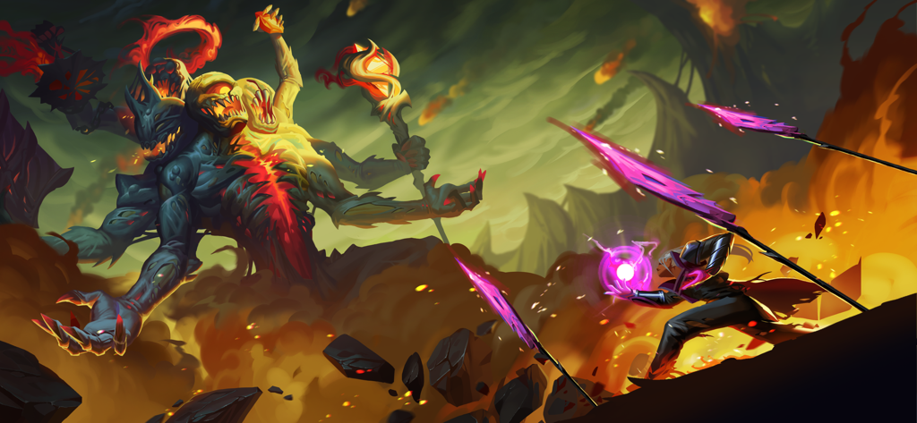 A shadow knight hero using purple magic to fight a massive multi headed demon boss in a dark fantasy world