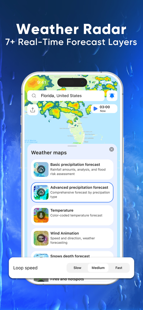 NOAA Weather Radar - SkyRadar - Interfaccia mobile di NOAA Weather Radar che mostra vari livelli di previsione come temperatura delle precipitazioni e animazione del vento su una mappa della Florida