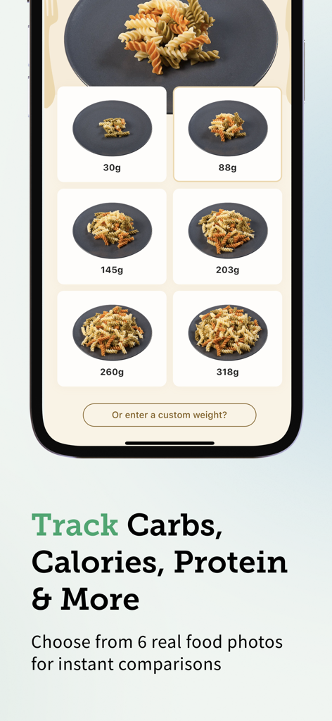 Carbs & Cals: Diet & Diabetes - Carbs and Cals mobile app interface showing six different pasta portion sizes for visual nutrition tracking