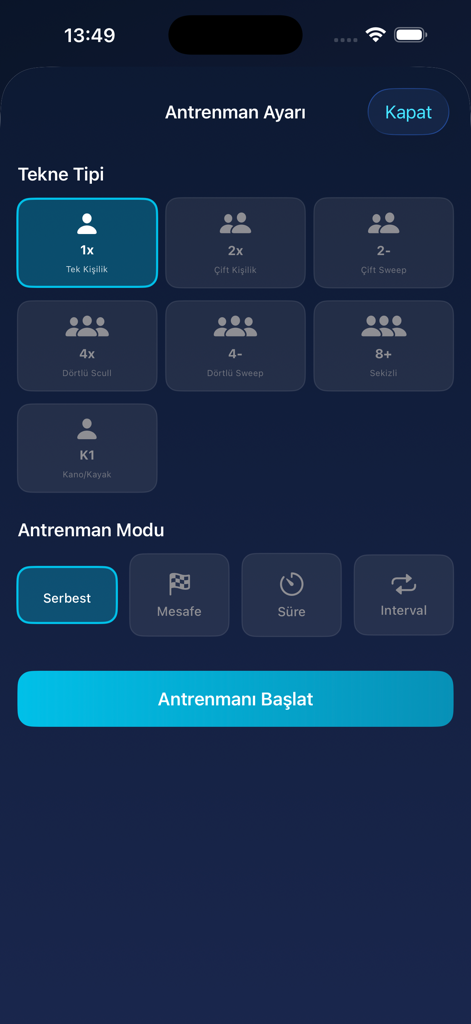 Workout selection screen in the Rowing Track app showing boat types and training modes.