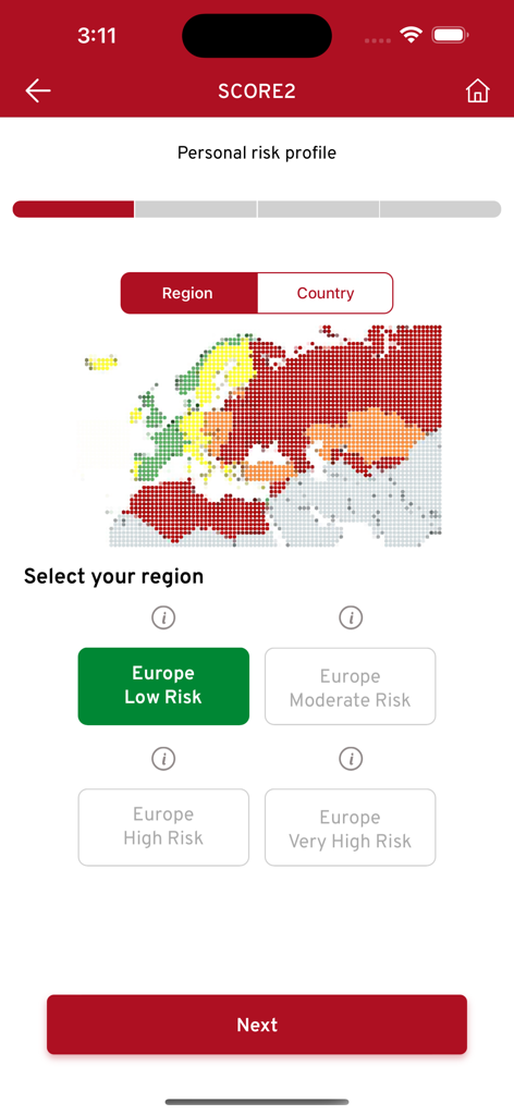 Pantalla de selección de región para la calculadora de riesgo cardiovascular SCORE2 con un mapa de riesgo codificado por colores de Europa